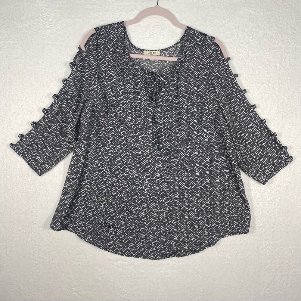 COMO BLU‎ Top 0X Dot Print Peasant Blouse Tie Neck Gray CottageCore Farmhouse